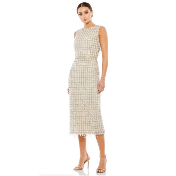 Mac Duggal 14 nude Sleeveless High Neck Beaded Midi Sheath Dress dangling sequin - Picture 1 of 10